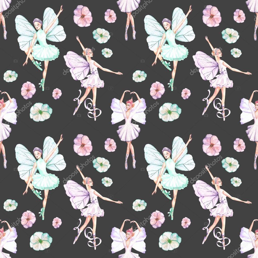 Seamless pattern with watercolor ballet dancers with butterfly wings and flowers