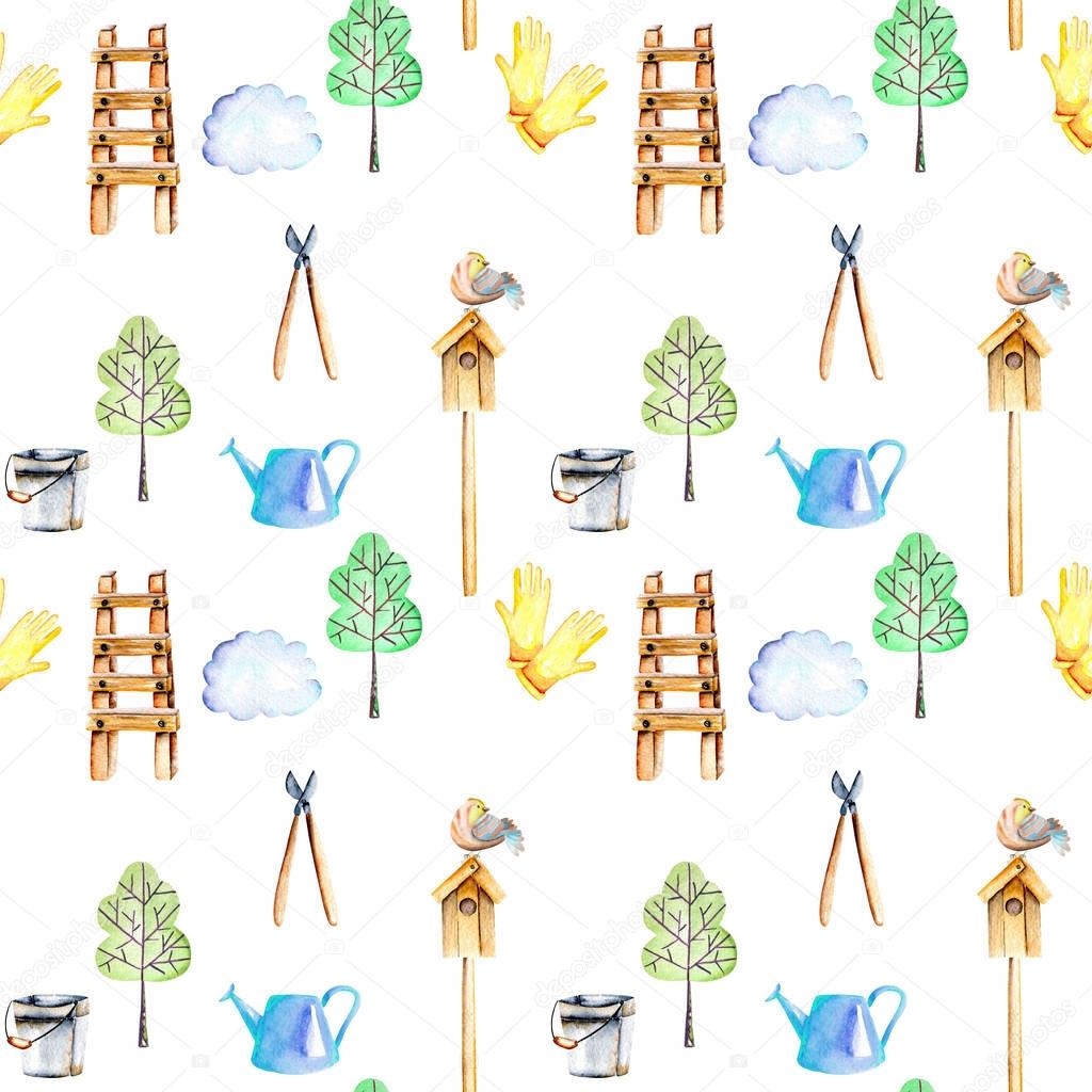 Seamless pattern with watercolor objects of garden tools