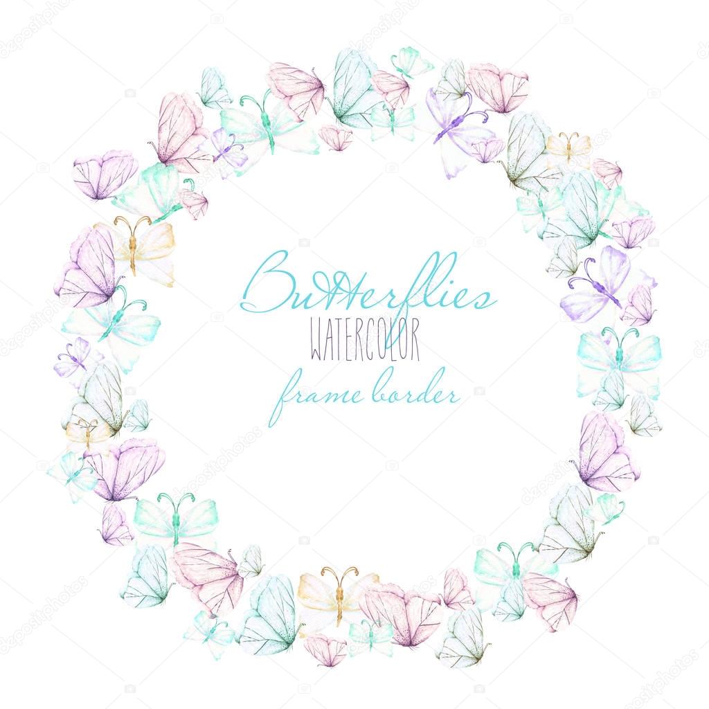 Circle frame, wreath with watercolor tender butterflies