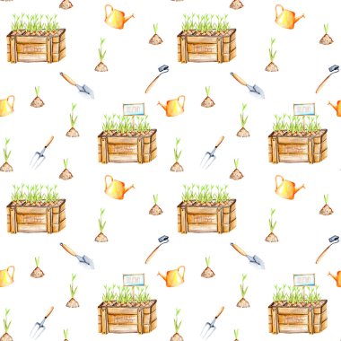 Bir ahşap izole suluboya fide ile Seamless Modeli kutularının ve Bahçe aletleri