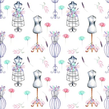 Suluboya retro mankenler ile Seamless Modeli ve pembe ve nane çiçekler