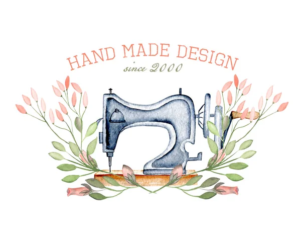 Mockup of logo with watercolor retro sewing machine and floral elements