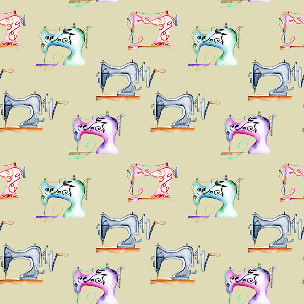 Seamless pattern with watercolor retro sewing machines
