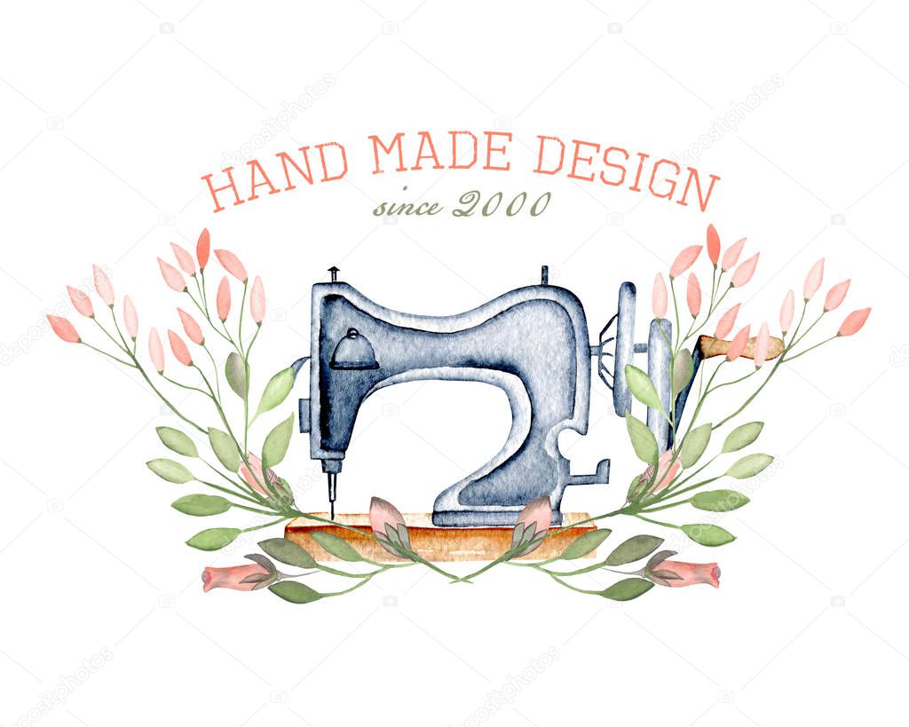 Mockup of logo with watercolor retro sewing machine and floral elements