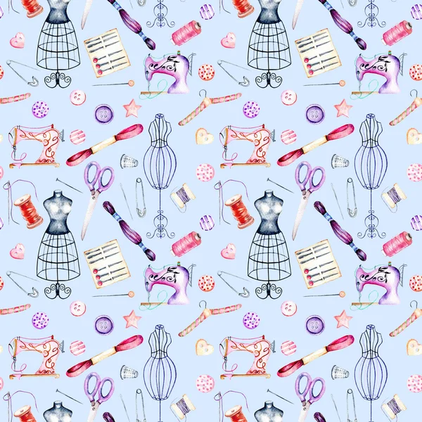 Seamless pattern with watercolor sewing elements — Stock Photo, Image