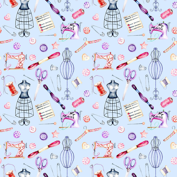 Бесшовный узор с элементами шитья акварелью
