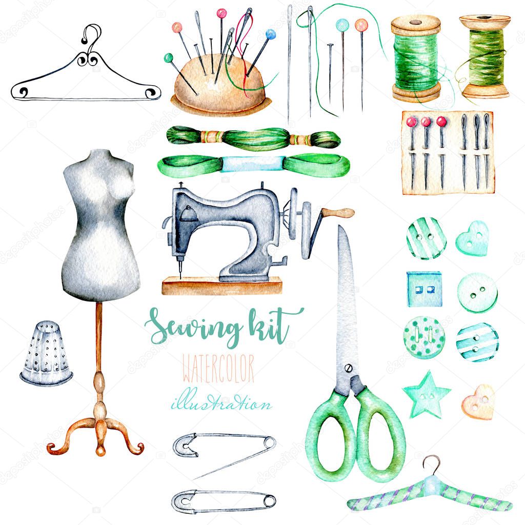 Set, collection of watercolor sewing elements