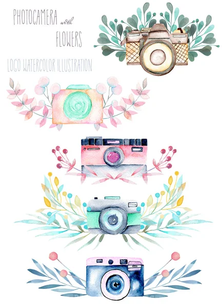 Logo örnekler suluboya kameralar ve çiçek öğeleri kümesi