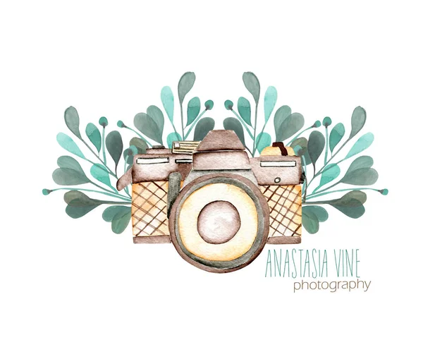 Logo-Attrappe mit Aquarellkamera und floralen Elementen — Stockfoto