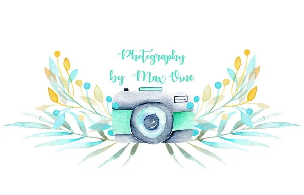 Mockup of logo with watercolor camera and floral elements — Stock Photo, Image