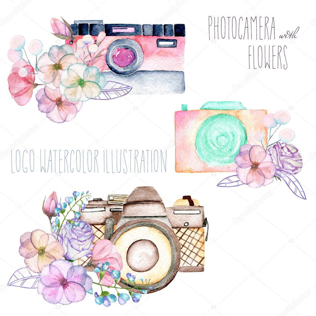 Set of logo mockups with watercolor cameras and floral elements, hand drawn isolated on a white background