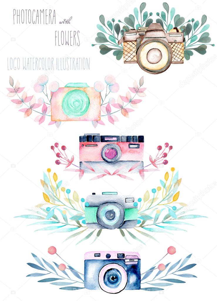 Set of logo mockups with watercolor cameras and floral elements, hand drawn isolated on a white background