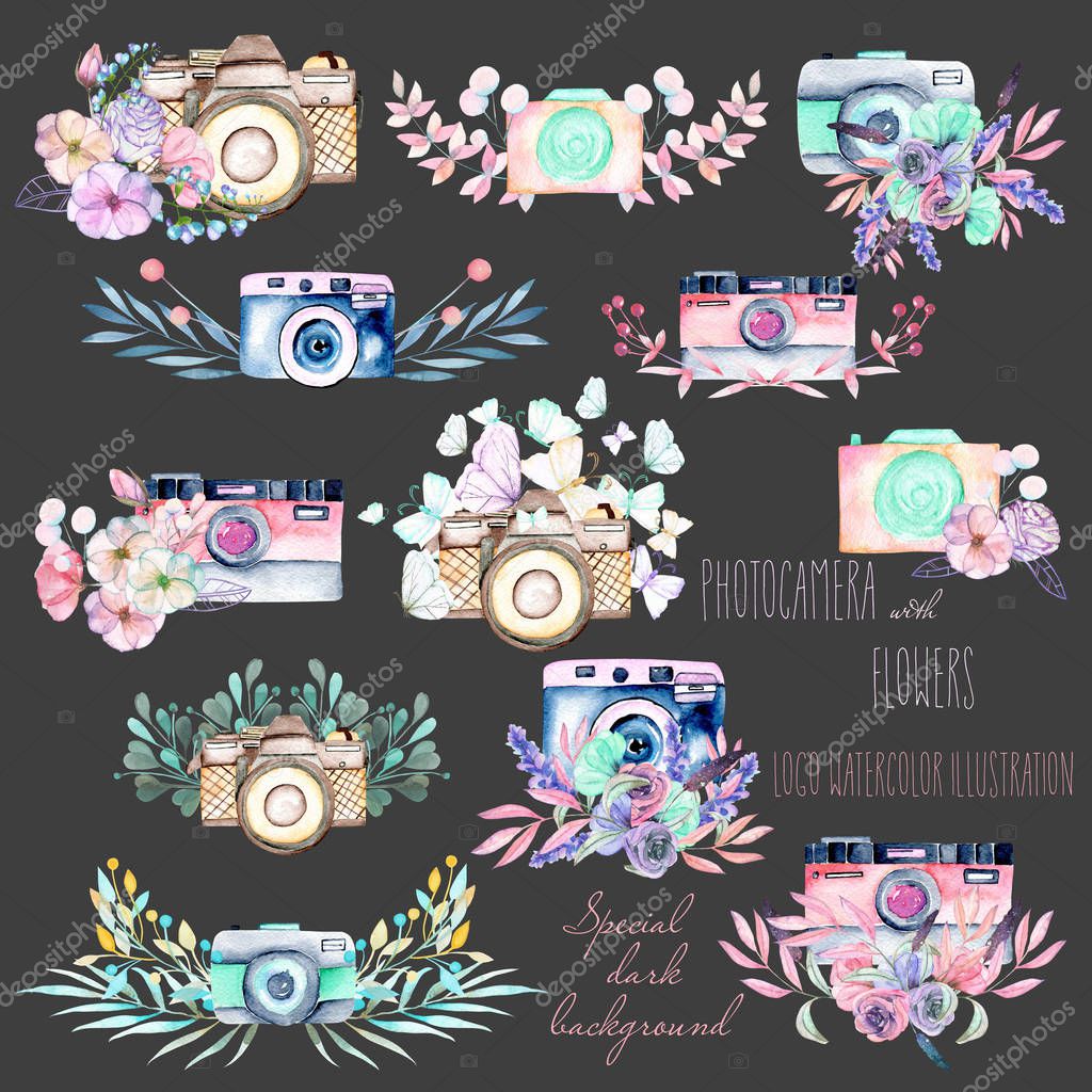 Set of logo mockups with watercolor cameras and floral elements, hand drawn isolated on a dark background