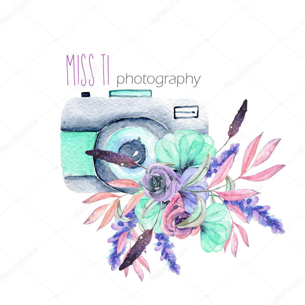 Mockup of logo with watercolor camera and floral elements, hand drawn isolated on a white background