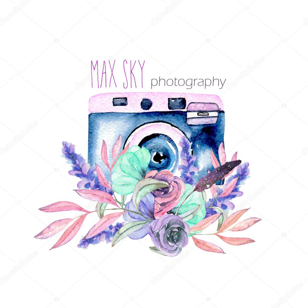 Mockup of logo with watercolor camera and floral elements, hand drawn isolated on a white background