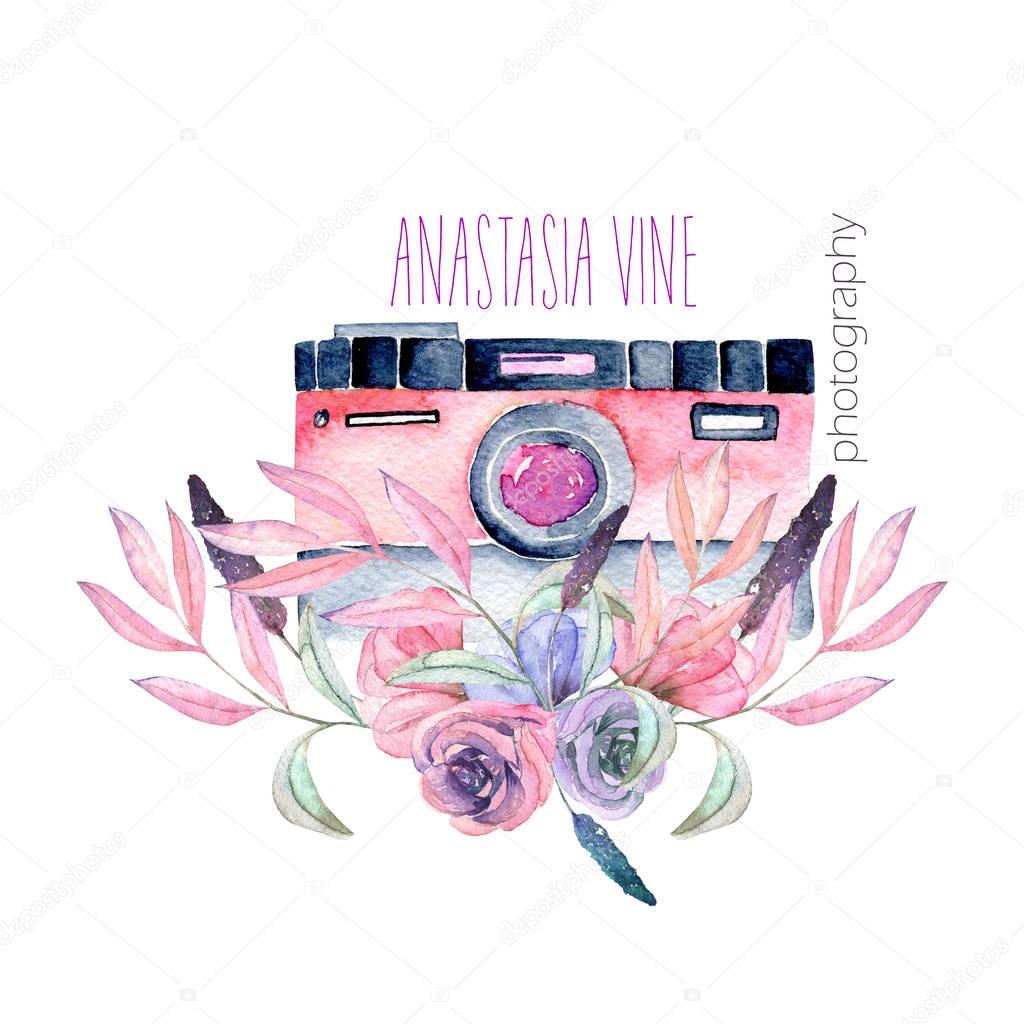 Mockup of logo with watercolor camera and floral elements, hand drawn isolated on a white background
