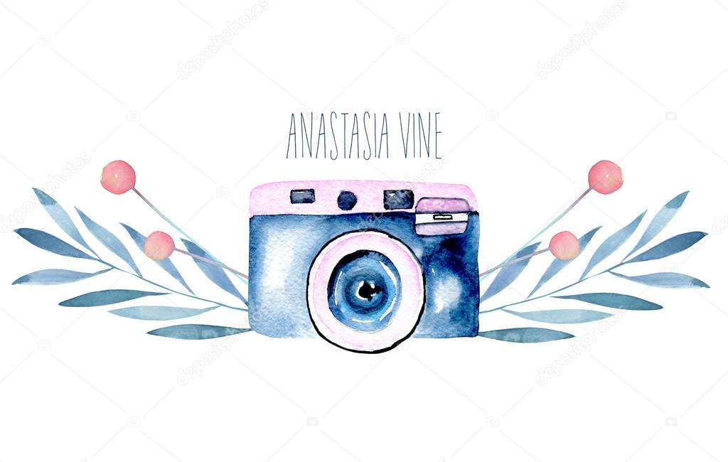 Mockup of logo with watercolor camera and floral elements, hand drawn isolated on a white background
