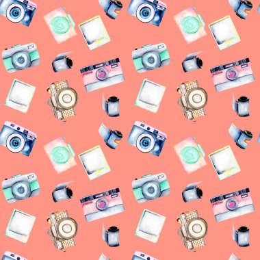 Suluboya retro kameralar, anlık görüntüleri ve filmleri ile Seamless Modeli