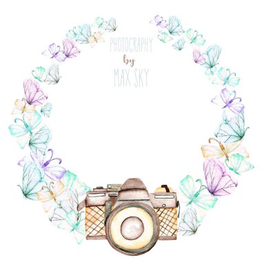 Circle frame, wreath with watercolor tender butterflies and camera clipart