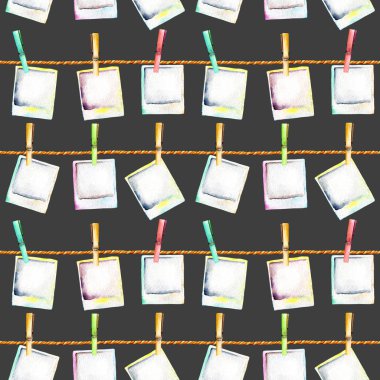 Suluboya polaroid anlık görüntüleri clothespins ile ipleri için ekli ile Seamless Modeli