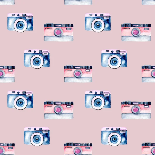 Seamless pattern with watercolor retro cameras — Stock Photo, Image
