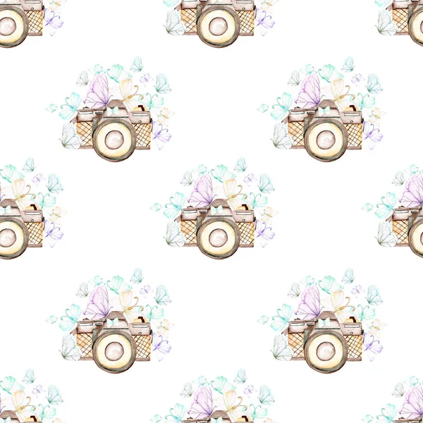 Seamless pattern with watercolor retro cameras and butterflies — Stock Photo, Image