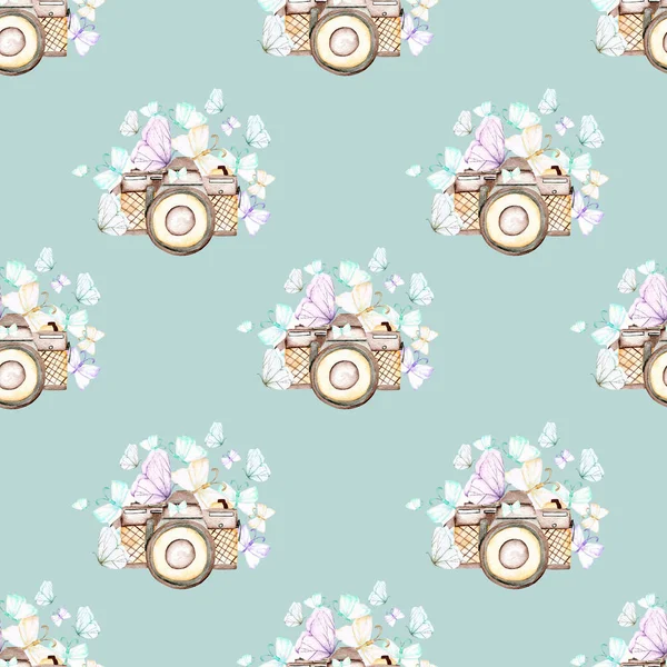 Seamless pattern with watercolor retro cameras and butterflies — Stock Photo, Image
