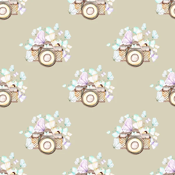 Seamless pattern with watercolor retro cameras and butterflies — Stock Photo, Image