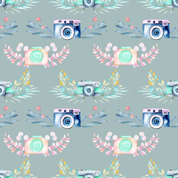 Seamless pattern with watercolor retro cameras in floral decor