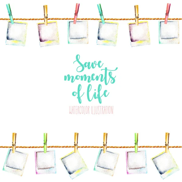 Card template, frame with watercolor polaroid snapshots attached with clothespins to the ropes — Stock Photo, Image