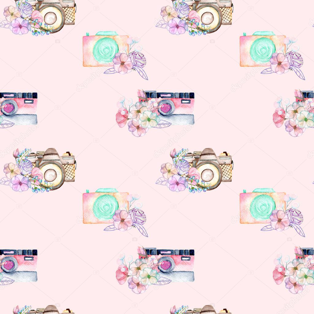 Seamless pattern with watercolor retro cameras in floral decor, hand drawn isolated on a pink background