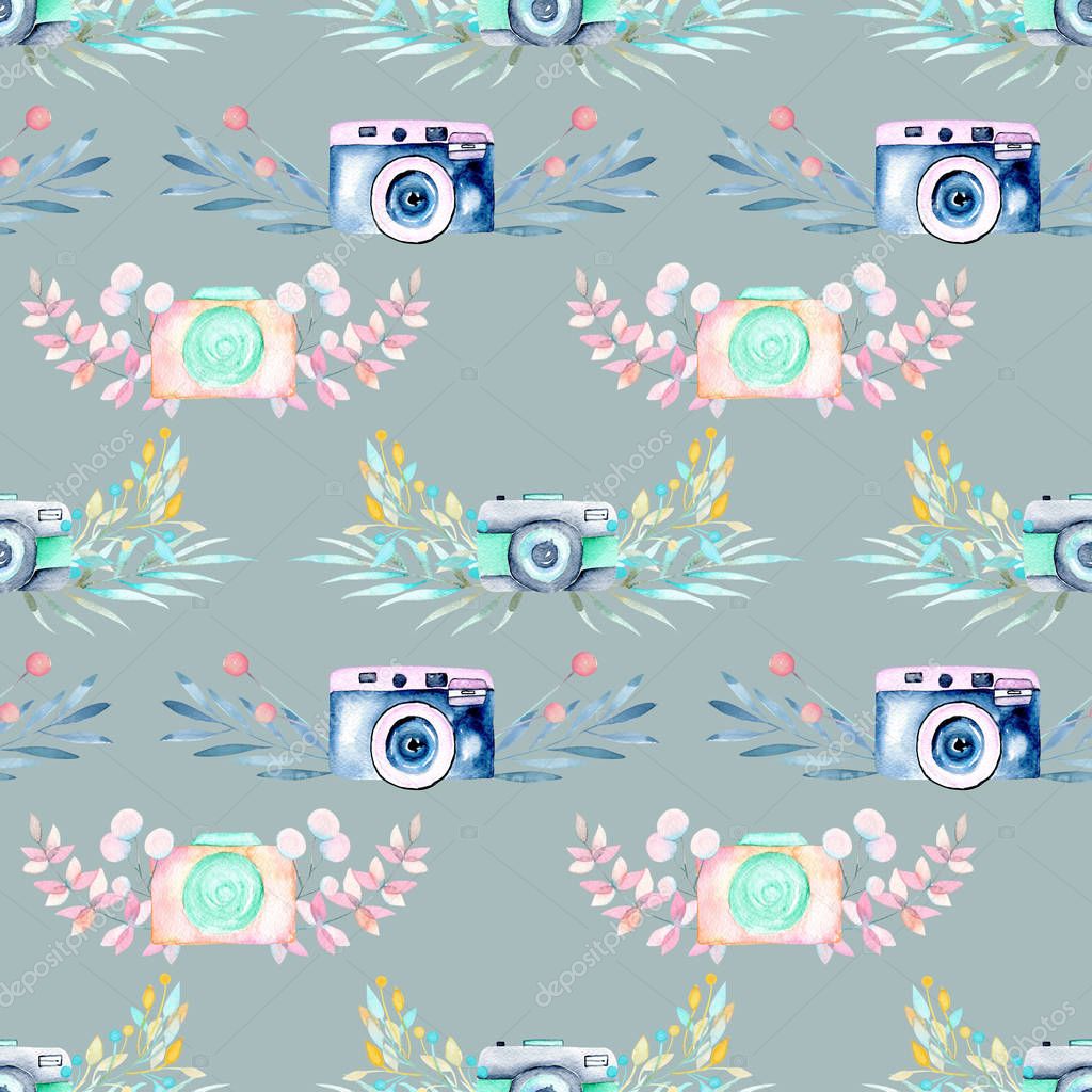 Seamless pattern with watercolor retro cameras in floral decor, hand drawn isolated on a blue background