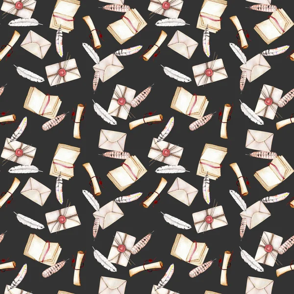 Sømløst mønster med konvolutter av akvareller, fjær, åpen notisbok og pergamentrull – stockfoto