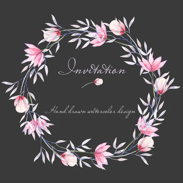 Circle frame, border, wreath with watercolor tender flowers and leaves in purple and pink shades
