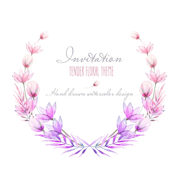 Circle frame, border, wreath with watercolor tender flowers and leaves in purple and pink shades
