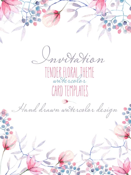 Cartolina modello con fiori teneri acquerello e foglie in tonalità pastello, disegnata a mano su sfondo bianco — Foto Stock