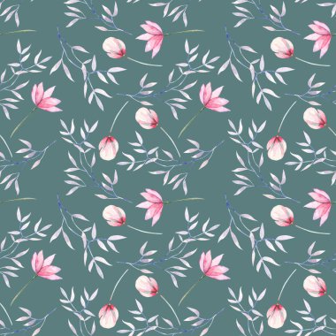 Sulu boya pembe çiçekler ve mor dalları ile sorunsuz çiçek desenli