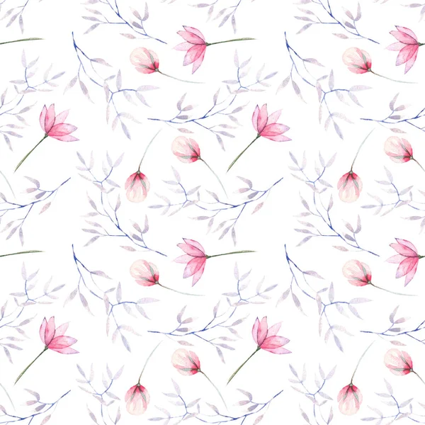 Motif floral sans couture avec les fleurs roses aquarelle et les branches violettes — Photo