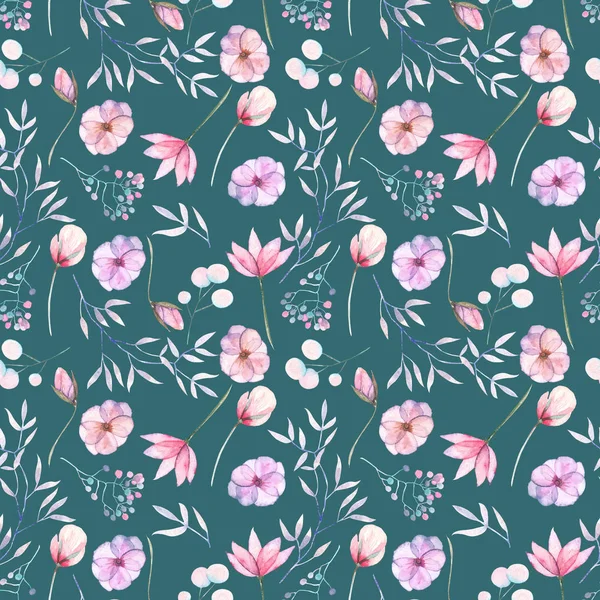 Seamless floral pattern with the watercolor pink and purple flowers and leaves — Stock Photo, Image