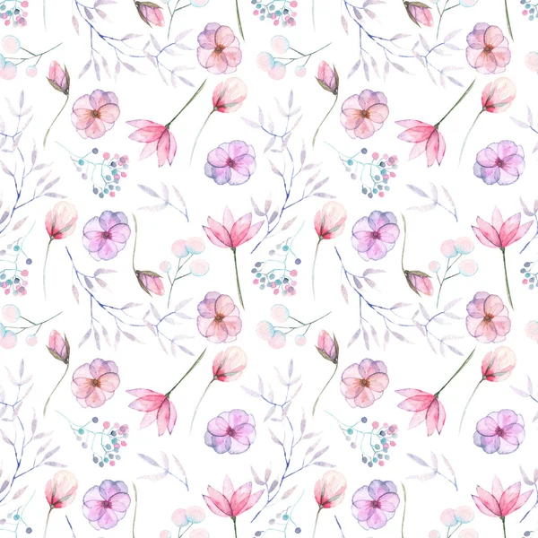 Seamless floral pattern with the watercolor pink and purple flowers and leaves — Stock Photo, Image