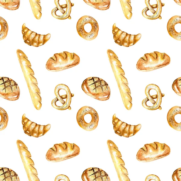 Patrón sin costura con productos de panadería (bagel, pan, baguette francés ) —  Fotos de Stock