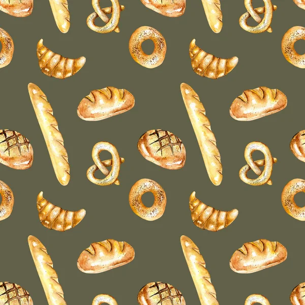 Seamless pattern with bakery products (bagel, loaf, French baguette) — Stock Photo, Image