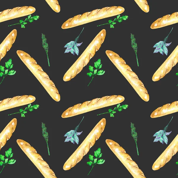 Seamless mönster med franska baguetter och kryddiga örter — Stockfoto