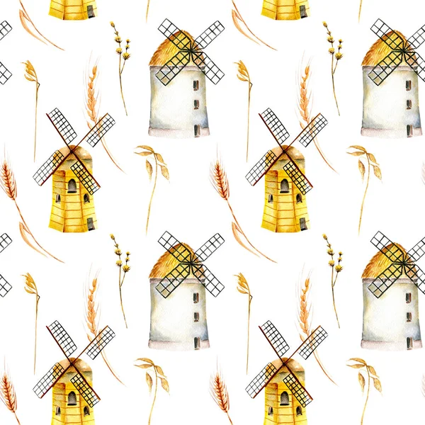 Naadloze patroon met windmolens en tarwe spikelets — Stockfoto