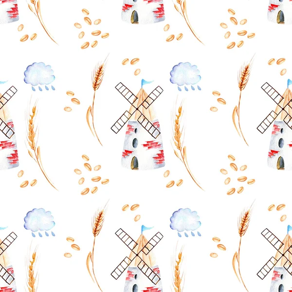 Seamless pattern with windmills, wheat spikelets and grains — Stock Photo, Image