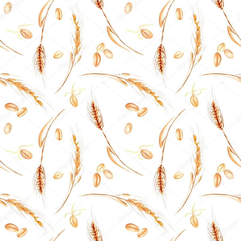 Seamless pattern with wheat spikelets and grains