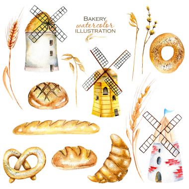 Ayarla, suluboya Unlu Mamüller (simit, somun, Fransız baget), buğday spikelets ve yel değirmenleri ile illüstrasyon toplama