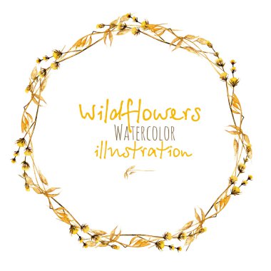 Çelenk, daire çerçeve kenarlığı ile sarı kuru çiçekler