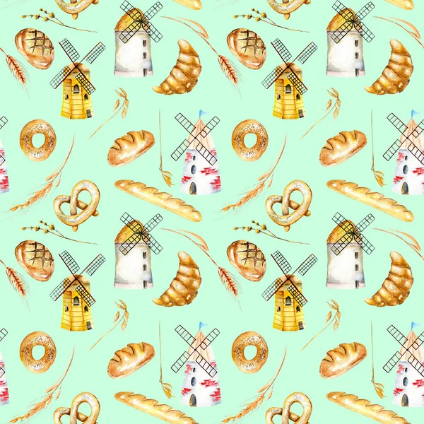 Seamless pattern with bakery products (bagel, loaf, French baguette), wheat spikelets and windmills