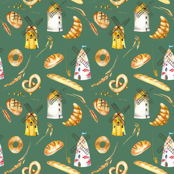 (베이글, 빵, 프랑스 빵) 베이커리 제품, 밀 spikelets, 풍차와 완벽 한 패턴 — 스톡 사진
